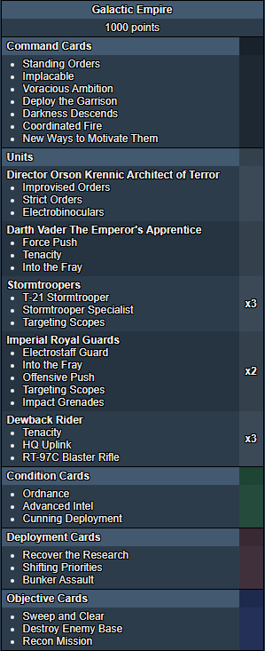 A Star Wars Legion list featuring Operative Vader, three Dewbacks, and two IRG.