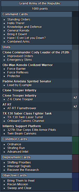 A Star Wars Legion list featuring Obi-Wan Kenobi, Padme Amidala, and a Saber tank.