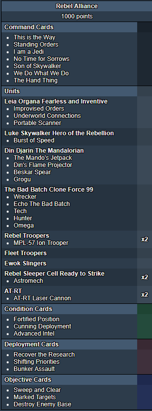 A Star Wars Legion list featuring Leia, Luke, Din, and Bad Batch.