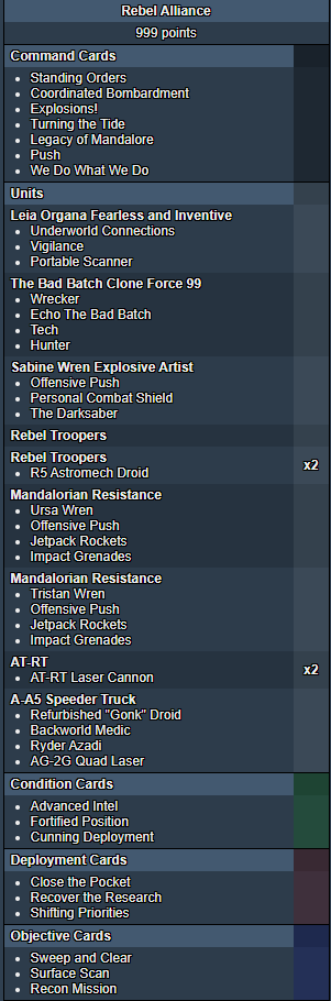 A Star Wars Legion list featuring Bad Batch, Sabine, and Rebel Mandalorians